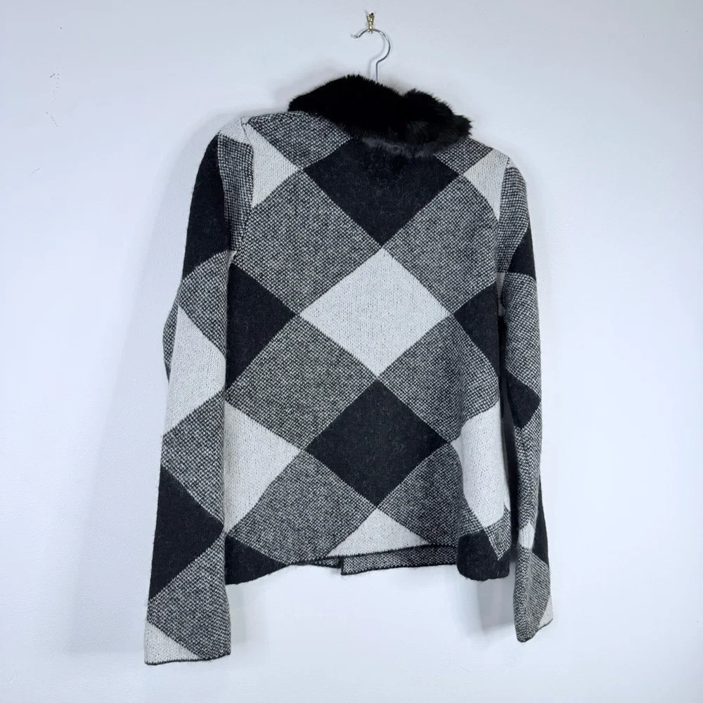 Cynthia Rowley Harlequin Faux Fur Collar Cardigan Size Large - Picture 5 of 8